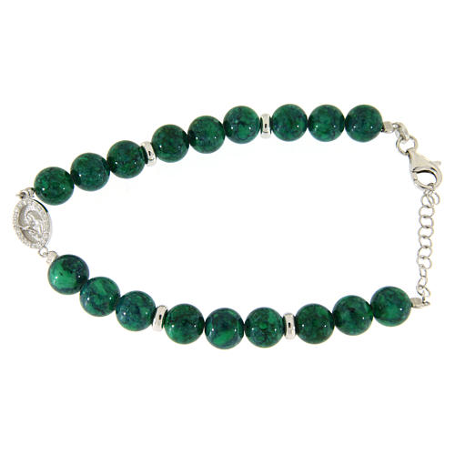 Bracciale argento, pietre dure resina verdi 7 mm, medaglietta S. Rita con zirconi bianchi 1