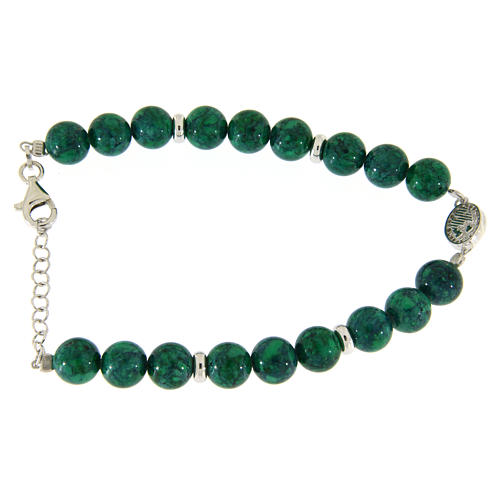 Bracciale argento, pietre dure resina verdi 7 mm, medaglietta S. Rita con zirconi bianchi 2