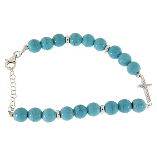 Bracelet with beads in turquoise paste with gold veins, a white zirconate cross made in 925 sterling silver 2