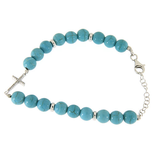 Bracelet with beads in turquoise paste with gold veins, a white zirconate cross made in 925 sterling silver 1