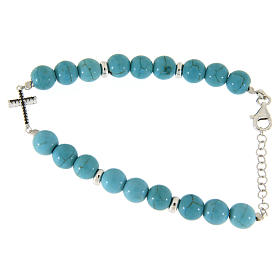 Bracciale argento, croce zirconi neri e perline pasta di turchese con venature oro