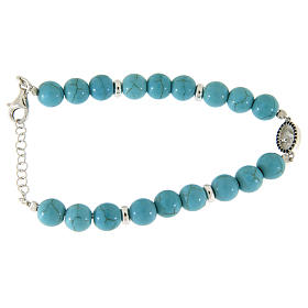 Bracciale medaglietta S. Rita zirconi neri, argento 925 e perline pasta di turchese 7 mm