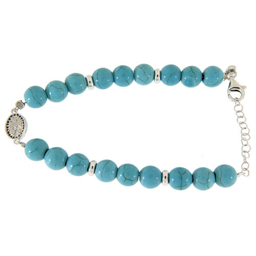 Pulseira prata e medalha Santa Rita com zircões pretos contas pasta turquesa 7 mm 2
