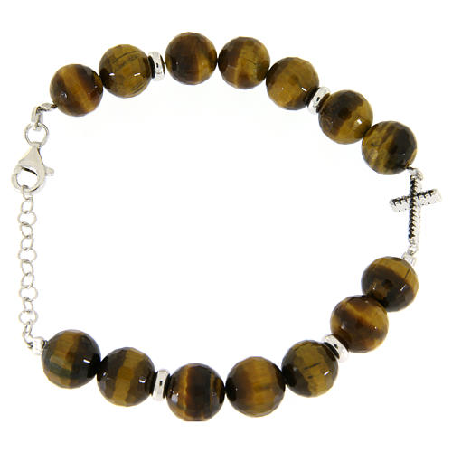 Bracelet with tiger's eye stones sized 9 mm, black zirconate cross and silver details 2