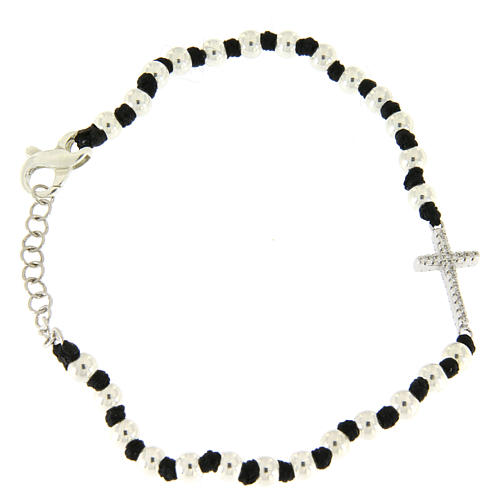 Bracelet perles argent et noeuds coton noir, croix zircons blancs 1