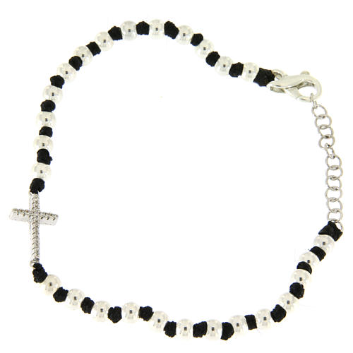 Bracelet perles argent et noeuds coton noir, croix zircons blancs 2