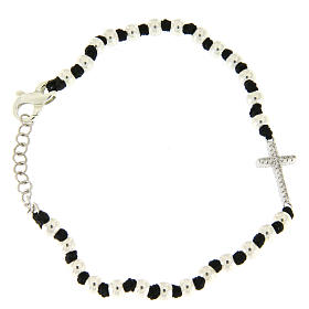 Bracciale sfere argento e nodi cotone nero, croce zirconata bianca