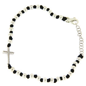 Bracciale sfere argento e nodi cotone nero, croce zirconata bianca