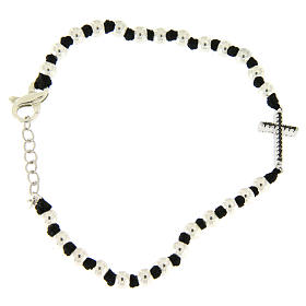 Bracelet perles 3 mm en argent 925 avec noeuds coton noir croix zircons noirs