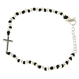 Bracelet perles 3 mm en argent 925 avec noeuds coton noir croix zircons noirs