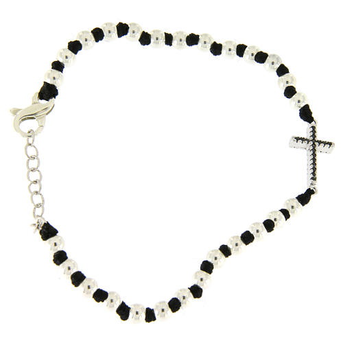 Bracciale sfere 3 mm in argento 925 con nodi cotone nero, croce zirconi neri 1