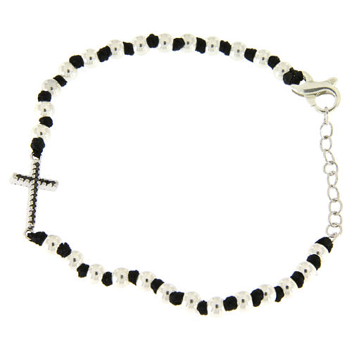 Bracciale sfere 3 mm in argento 925 con nodi cotone nero, croce zirconi neri 2