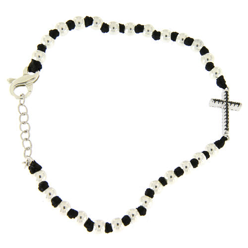 Bracelet with 3 mm spheres in 925 sterling silver with black cotton knots and black zirconate cross 1
