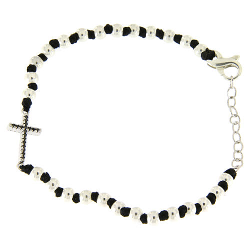 Bracelet with 3 mm spheres in 925 sterling silver with black cotton knots and black zirconate cross 2