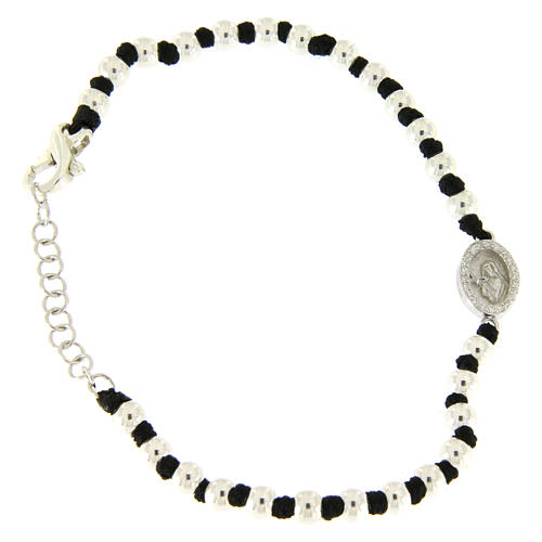 Bracelet médaille zircons blancs Ste Rita en argent 925 perles 3 mm avec noeuds coton noir 1