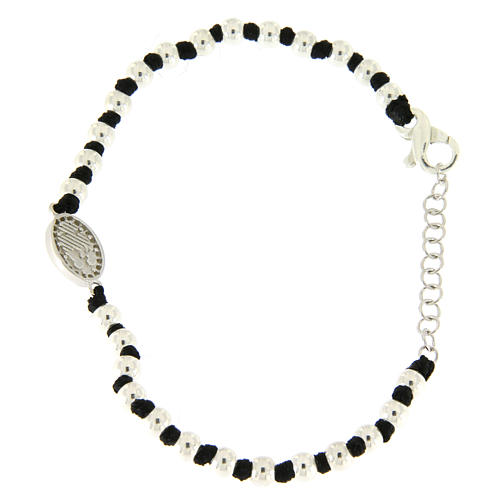 Bracelet médaille zircons blancs Ste Rita en argent 925 perles 3 mm avec noeuds coton noir 2