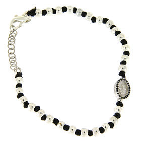 Bracciale medaglietta S. Rita in argento 925 e zirconi neri, sfere 3 mm con nodi cotone nero
