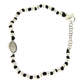 Bracciale medaglietta S. Rita in argento 925 e zirconi neri, sfere 3 mm con nodi cotone nero