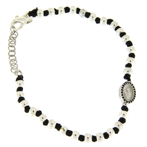 Bracciale medaglietta S. Rita in argento 925 e zirconi neri, sfere 3 mm con nodi cotone nero 1