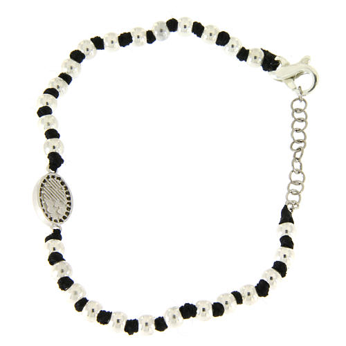 Bracciale medaglietta S. Rita in argento 925 e zirconi neri, sfere 3 mm con nodi cotone nero 2