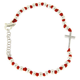 Bracelet grains argent 3 mm et noeuds coton rouge croix zircons blancs