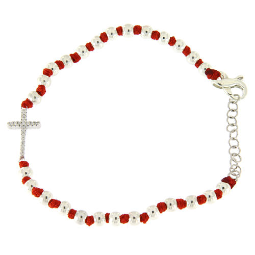 Bracelet with silver spheres sized 3 mm, red cotton knots and white zirconate cross 2