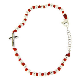 Bracelet with silver spheres sized 3 mm, red cotton knots and black zirconate cross