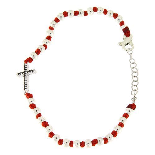 Bracelet with silver spheres sized 3 mm, red cotton knots and black zirconate cross 2