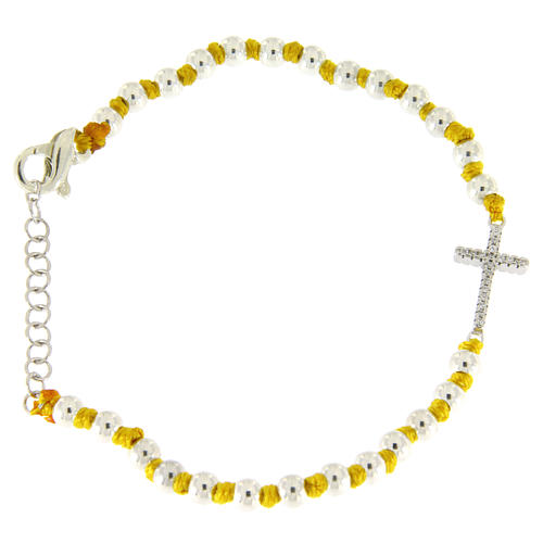 Bracelet grains argent 3 mm et noeuds coton jaune croix zircons blancs 2