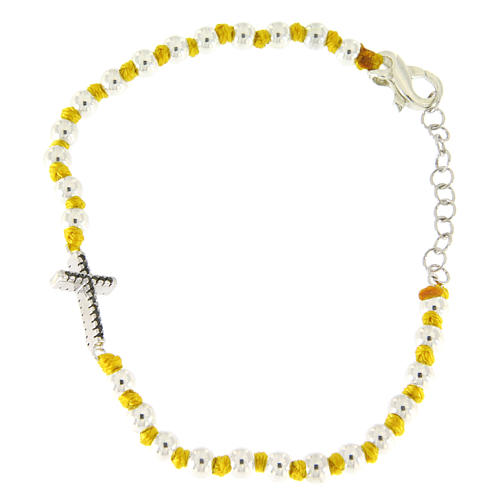Bracelet croix zircons noirs grains argent 3 mm et noeuds coton jaune 1
