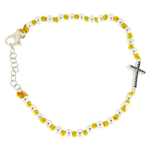 Bracelet croix zircons noirs grains argent 3 mm et noeuds coton jaune 2