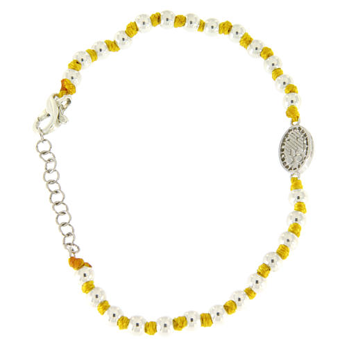 Bracelet with Saint Rita medalet and white zircons, with 3 mm spheres and yellow cotton knots 2