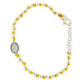 Bracciale medaglietta S. Rita zirconi neri e argento, sfere 3 mm in cordina gialla con nodi