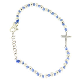 Bracciale con cordina e nodi azzurra con sfere 3 mm e croce argento, zirconata bianca