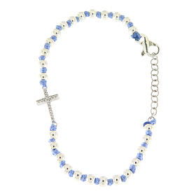 Bracciale con cordina e nodi azzurra con sfere 3 mm e croce argento, zirconata bianca