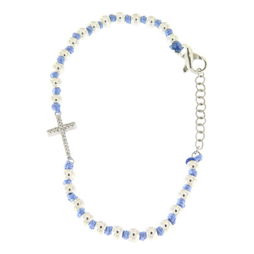 Bracciale con cordina e nodi azzurra con sfere 3 mm e croce argento, zirconata bianca 2