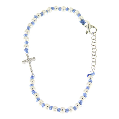 Bracelet with cord and light blue knots with 3 mm spheres and silver and white zirconate cross 2