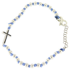 Bracciale con cordina e nodi azzurra, sfere 3 mm e croce argento con zirconi neri