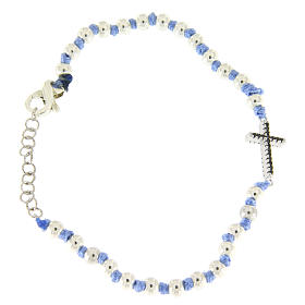 Bracciale con cordina e nodi azzurra, sfere 3 mm e croce argento con zirconi neri