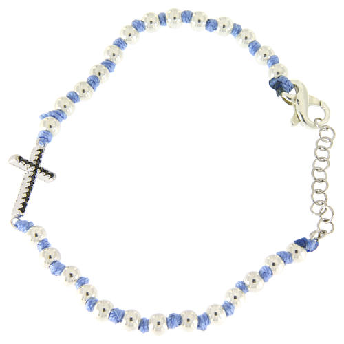 Bracelet with cord and light blue knots, 3 mm spheres and silver cross with black zircons 1