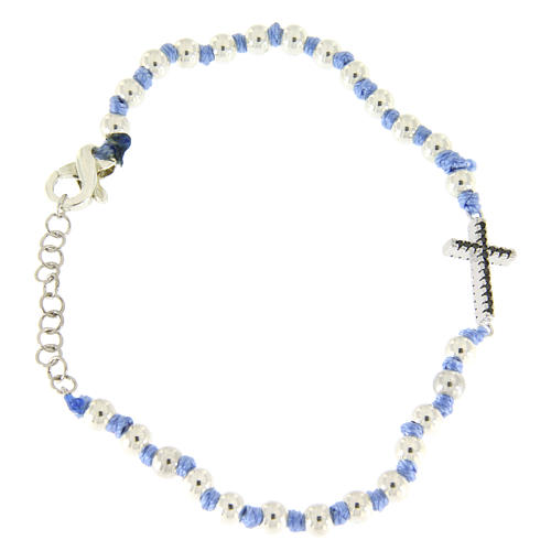 Bracelet with cord and light blue knots, 3 mm spheres and silver cross with black zircons 2