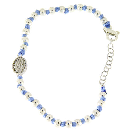 Bracelet with Saint Rita medalet in silver and white zircons, 3 mm spheres and light blue cotton knots 2