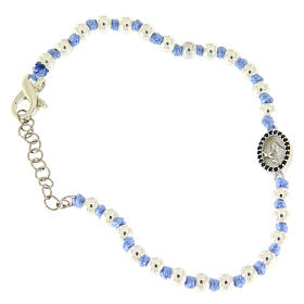 Pulseiras de Prata: Pulseira com fio e nós azuis contas 3 mm e medalha Santa Rita prata zircões pretos