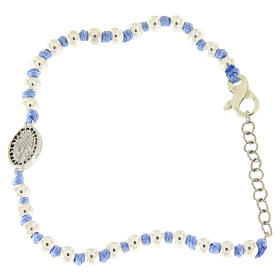 Bracelet with Saint Rita medalet in silver and black zircons, 3 mm spheres and light blue cotton knots