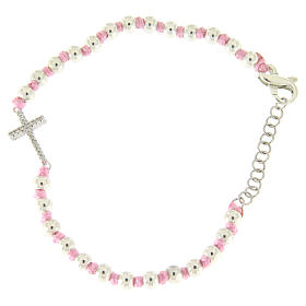 Pulseiras de Prata: Pulseira cruz prata e zircões brancos contas 3 mm nós cor-de-rosa