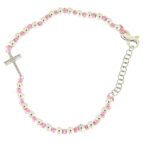 Bracelet with Saint Rita medalet in silver and white zircons, 3 mm spheres and pink cotton knots 1