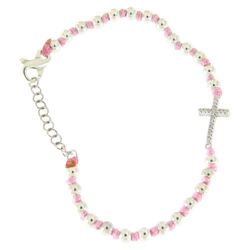 Bracelet with Saint Rita medalet in silver and white zircons, 3 mm spheres and pink cotton knots 2