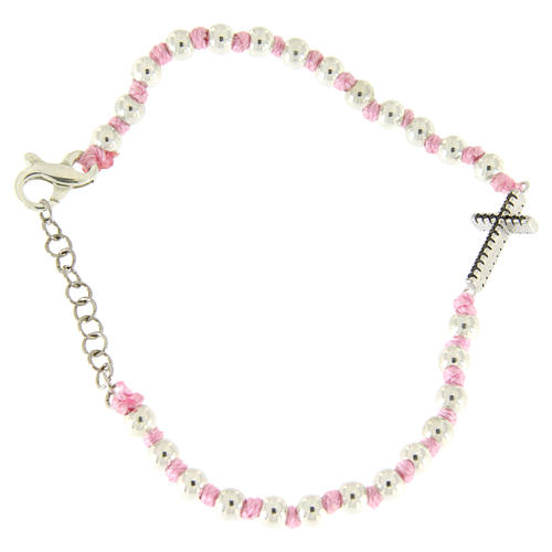 Armband Silber Perlen 2mm Kreuz mi Zirkonen rosa 2