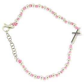 Bracciale croce argento e zirconi neri, sfere 3 mm in cordina di cotone rosa