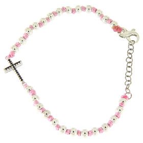 Bracelet with silver cross and black zircons, 3 mm black spheres and pink cord